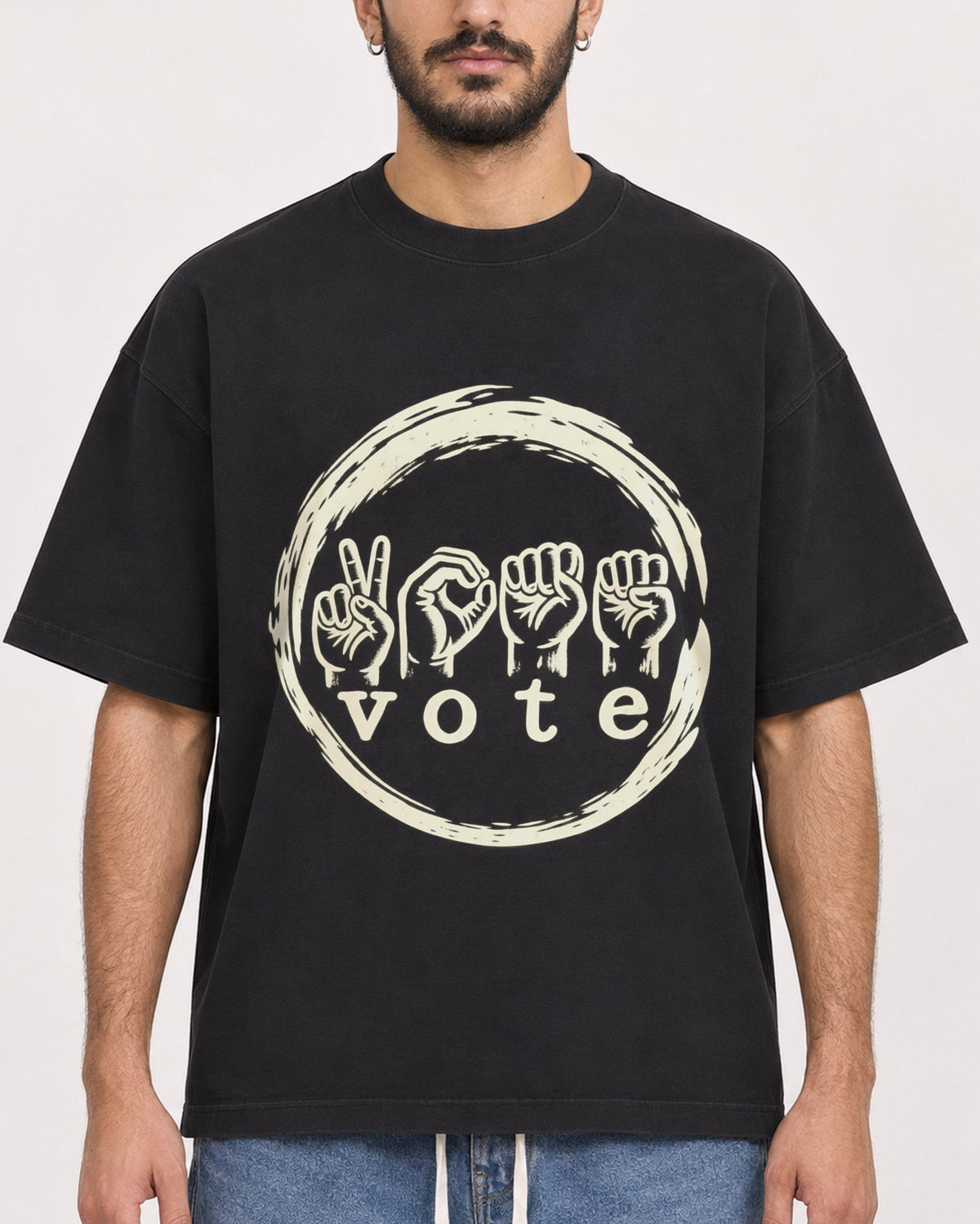 Mockup Boxy Heavyweight Tee Black male close-up 07