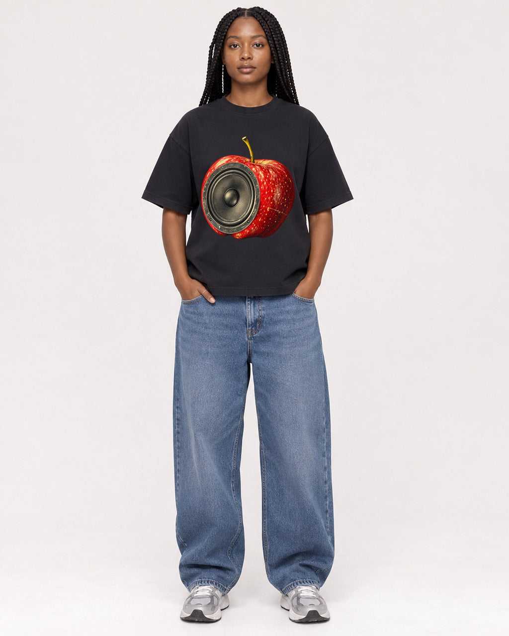 Mockup Boxy Heavyweight Tee Black female full-body 04