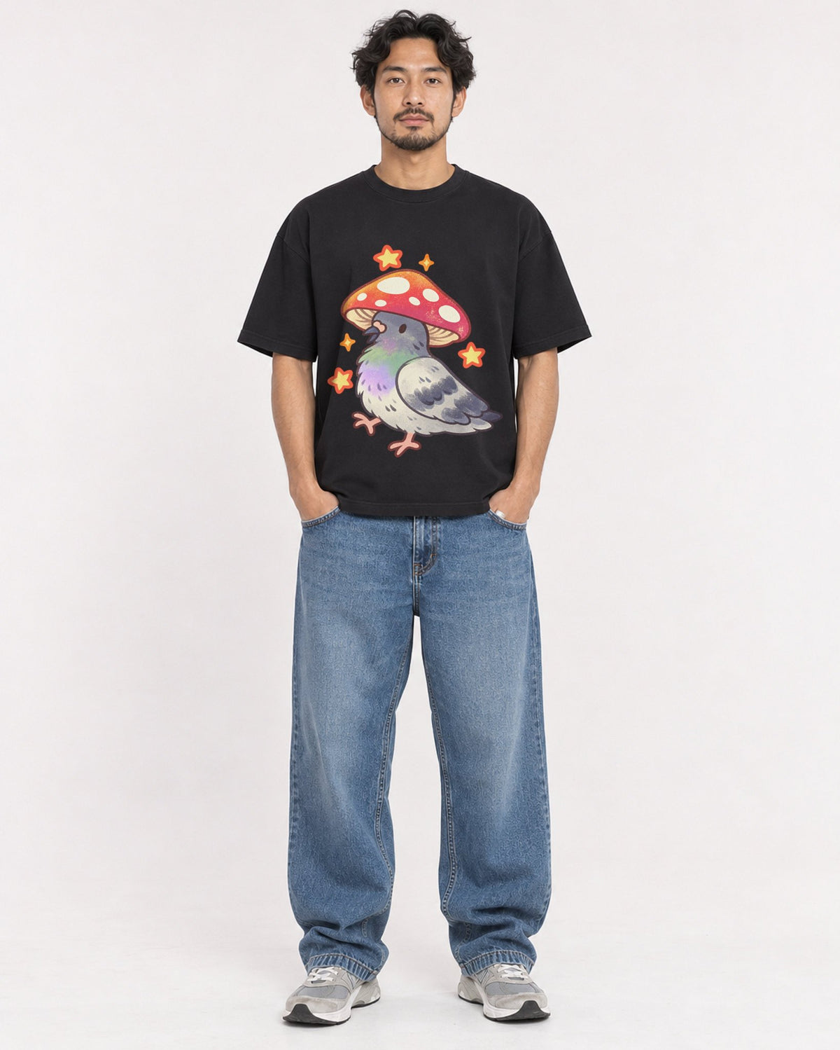 Mockup Boxy Heavyweight Tee Black male full-body 02