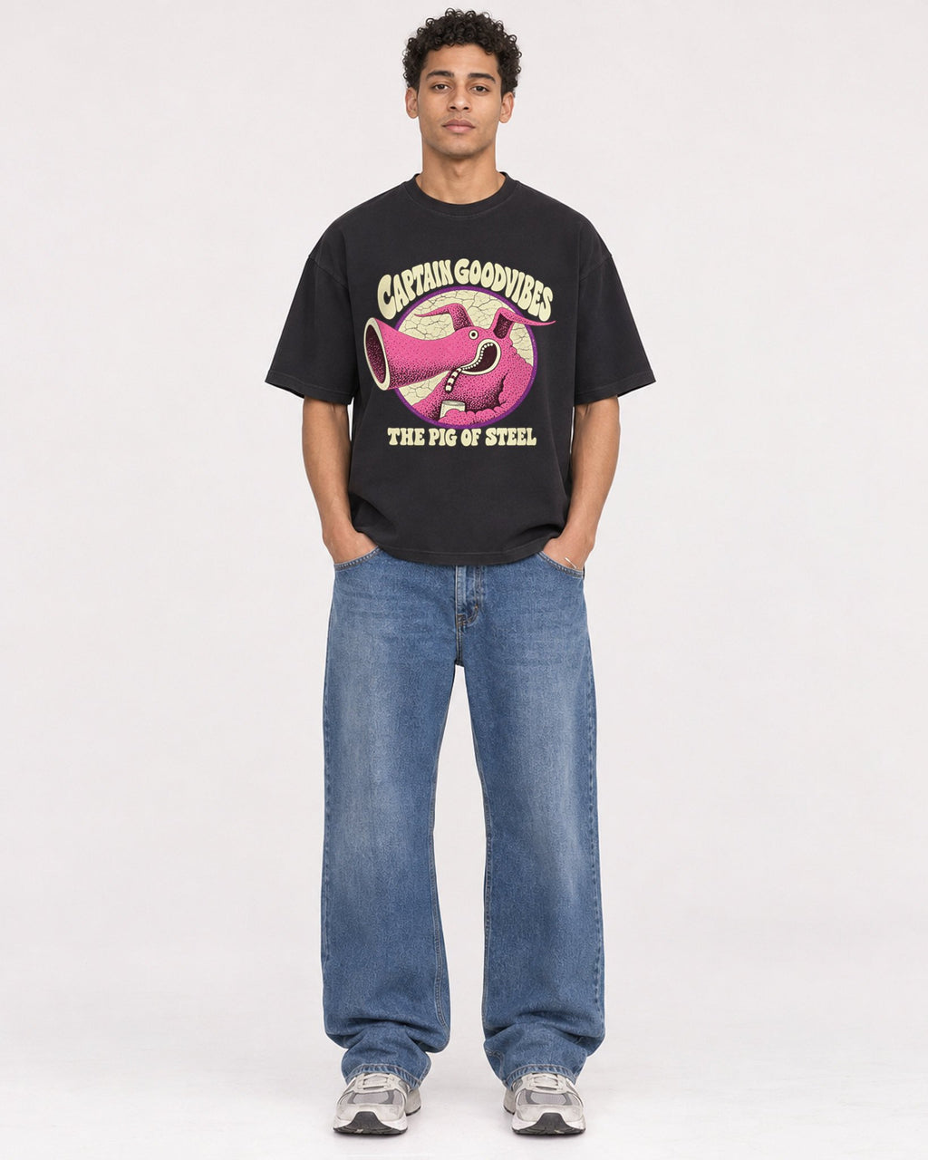 Mockup Boxy Heavyweight Tee Black male full-body 10
