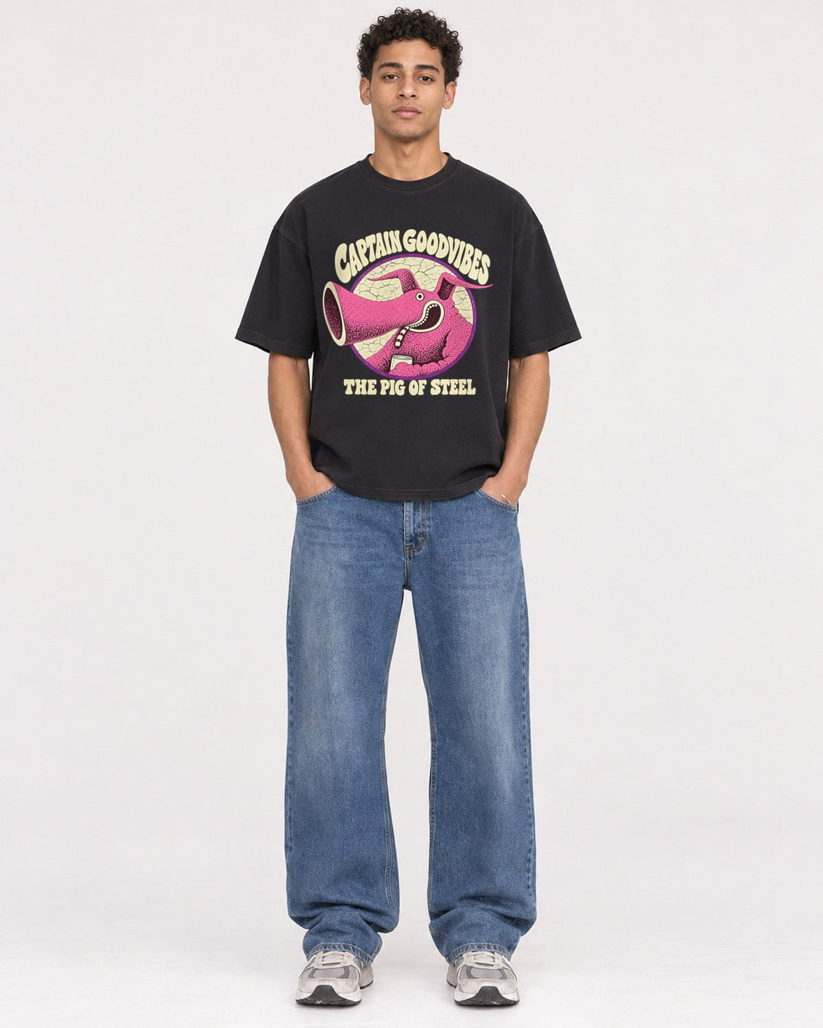 Mockup Boxy Heavyweight Tee Black male full-body 10