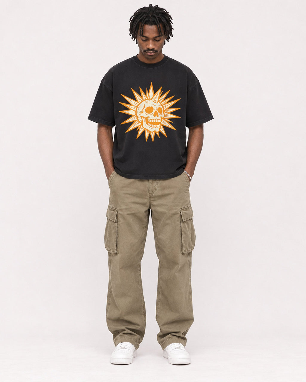 Mockup Boxy Heavyweight Tee Black male full-body 04