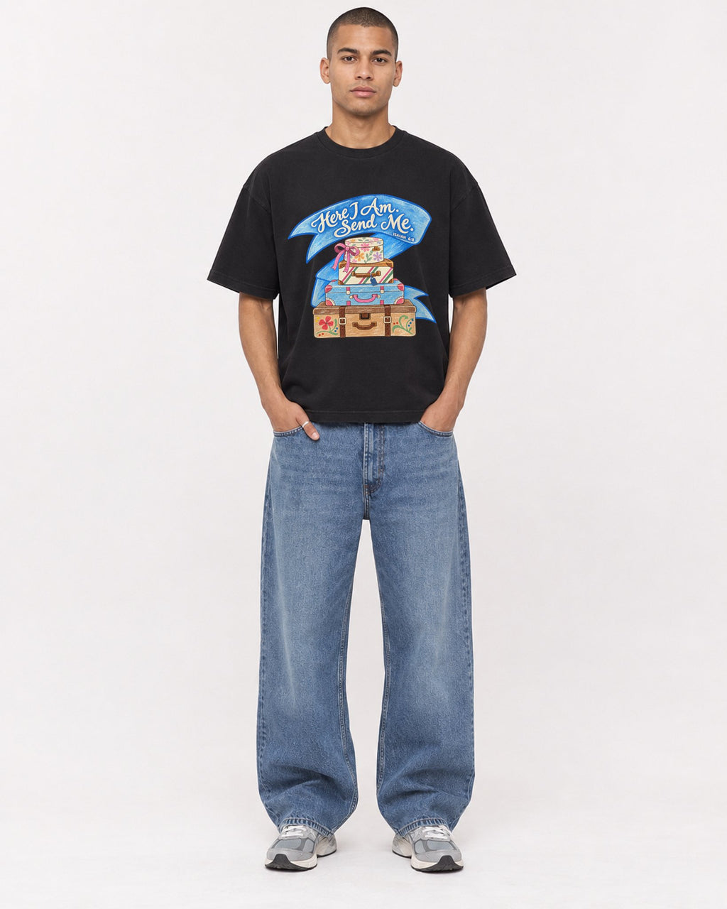 Mockup Boxy Heavyweight Tee Black male full-body 50