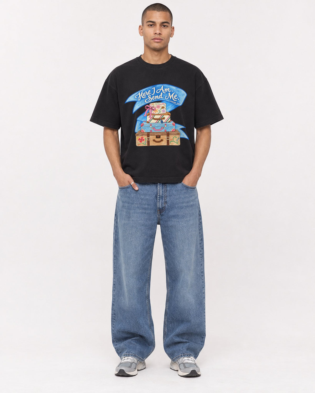 Mockup Boxy Heavyweight Tee Black male full-body 50