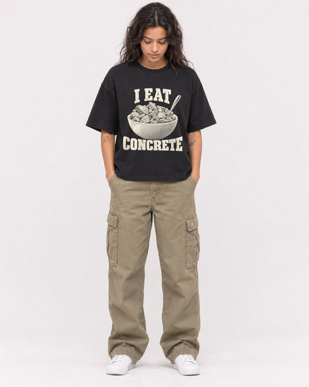 Mockup Boxy Heavyweight Tee Black female full-body 30