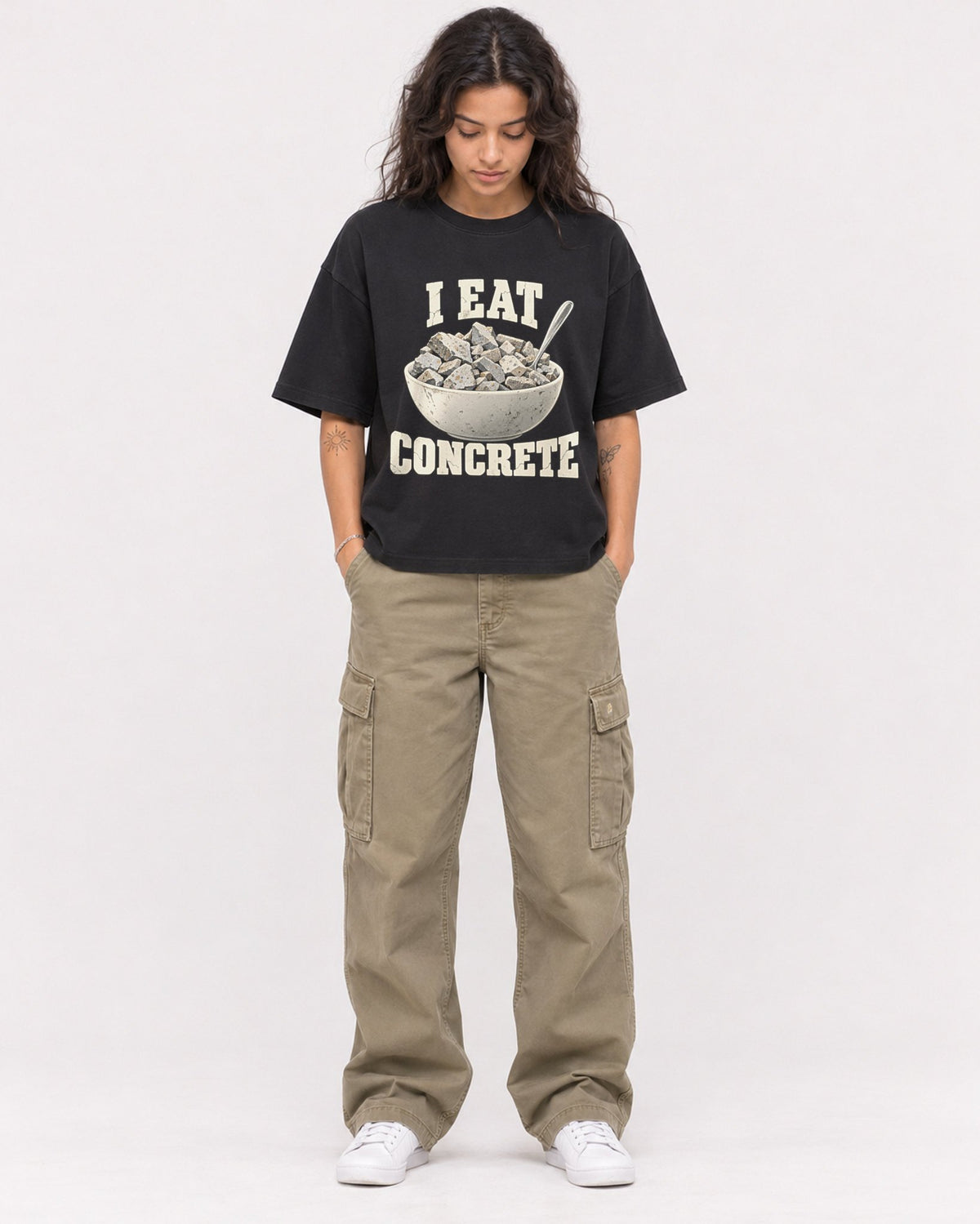 Mockup Boxy Heavyweight Tee Black female full-body 30