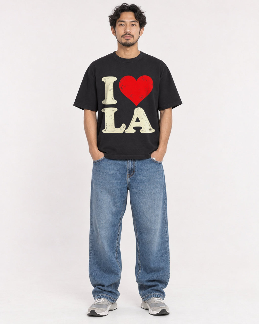Mockup Boxy Heavyweight Tee Black male full-body 02