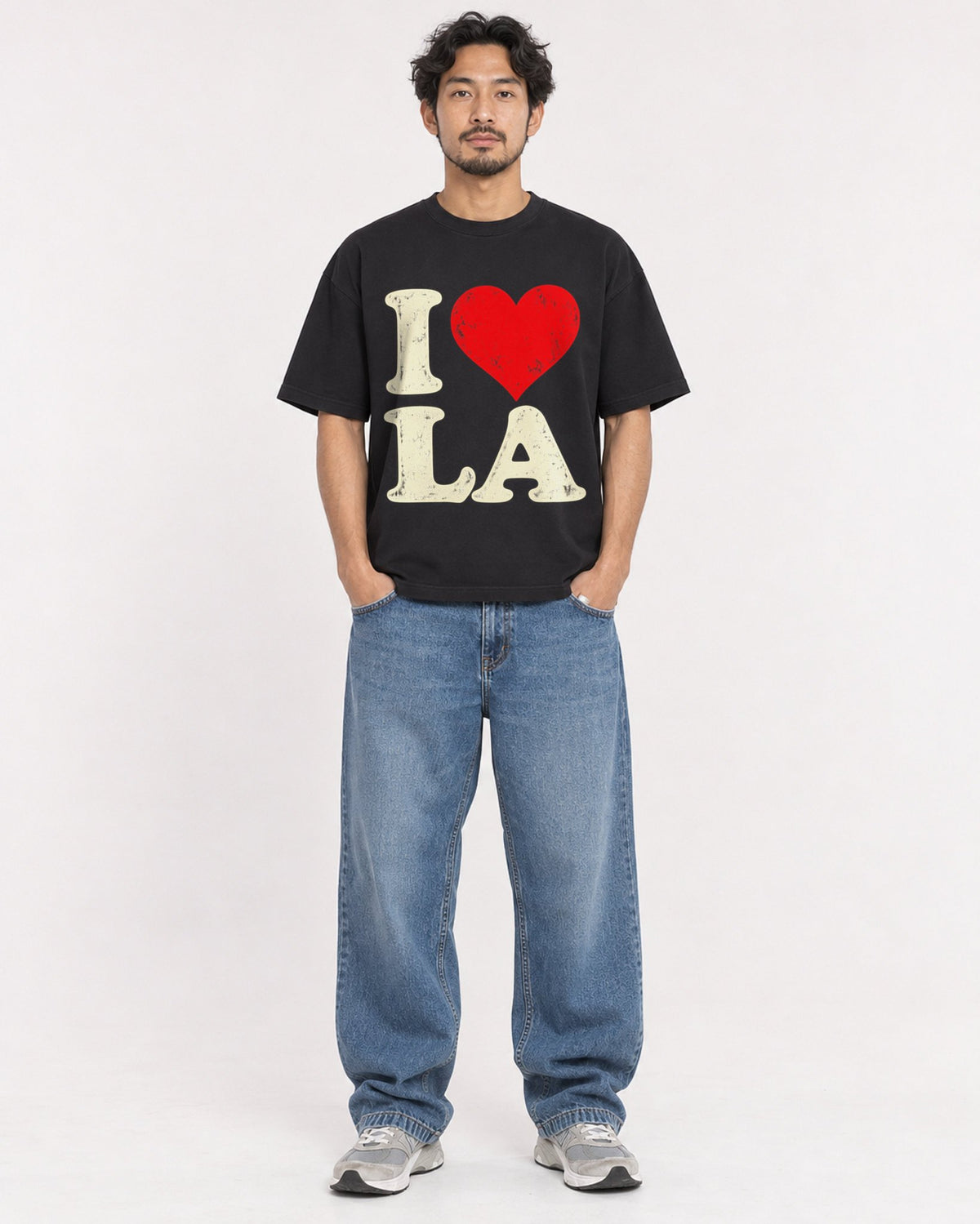 Mockup Boxy Heavyweight Tee Black male full-body 02