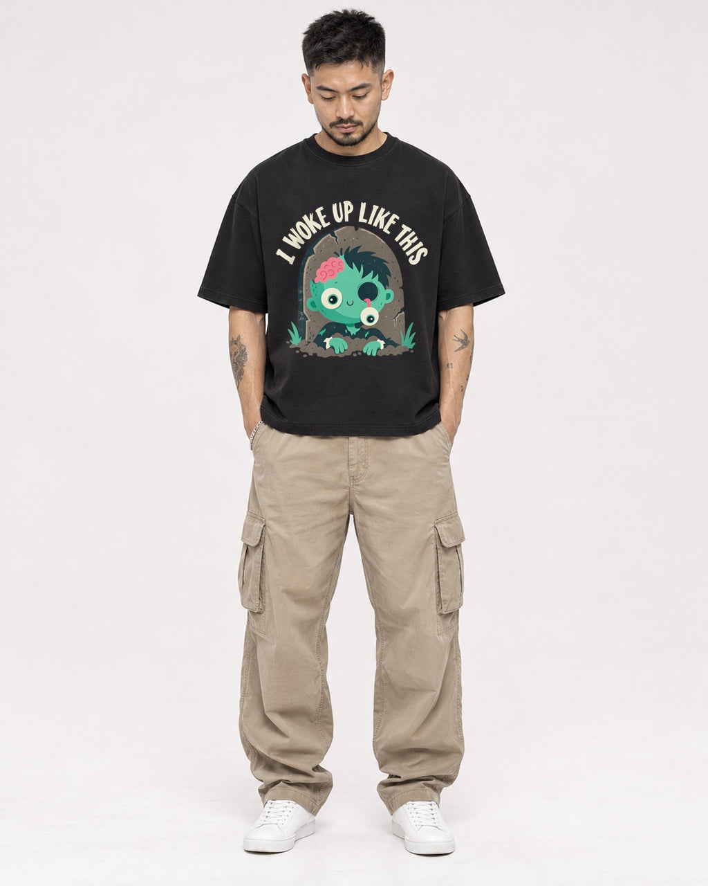 Mockup Boxy Heavyweight Tee Black male full-body 12