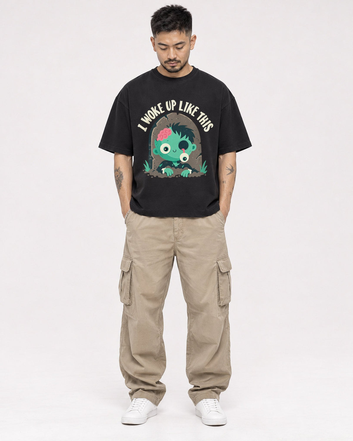 Mockup Boxy Heavyweight Tee Black male full-body 12