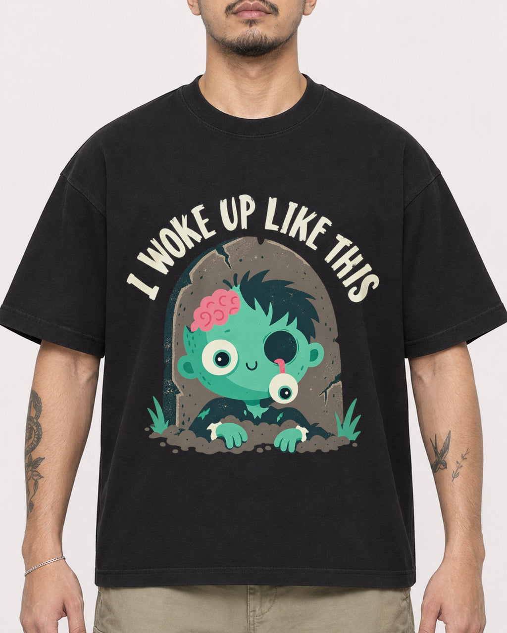 Mockup Boxy Heavyweight Tee Black male close-up 12