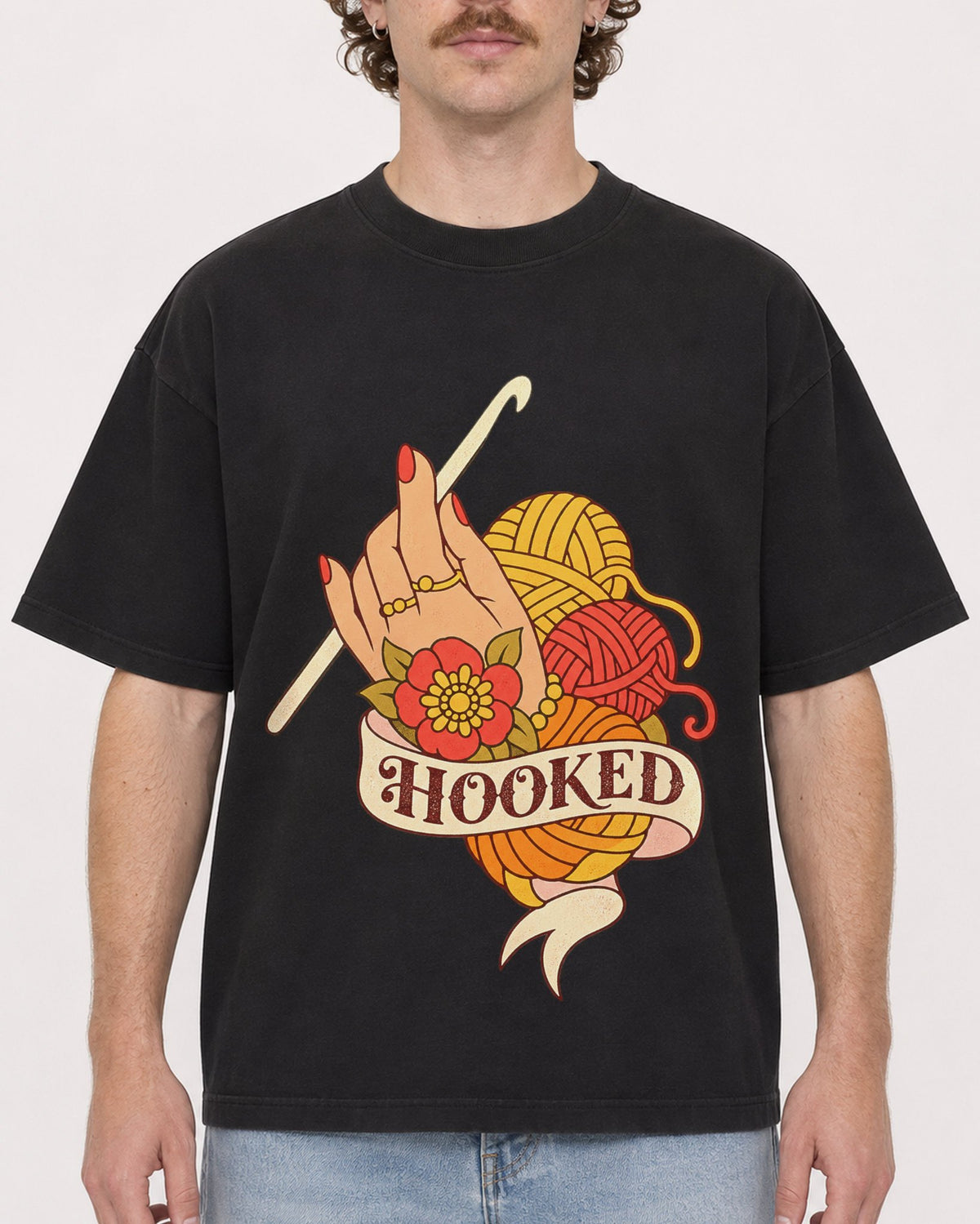 Mockup Boxy Heavyweight Tee Black male close-up 09