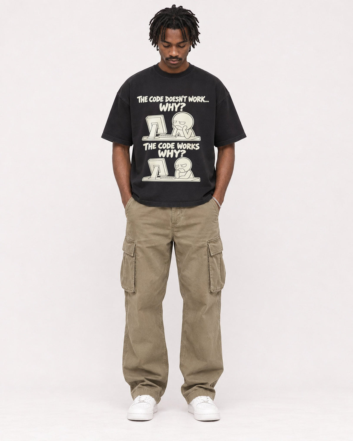 Mockup Boxy Heavyweight Tee Black male full-body 04