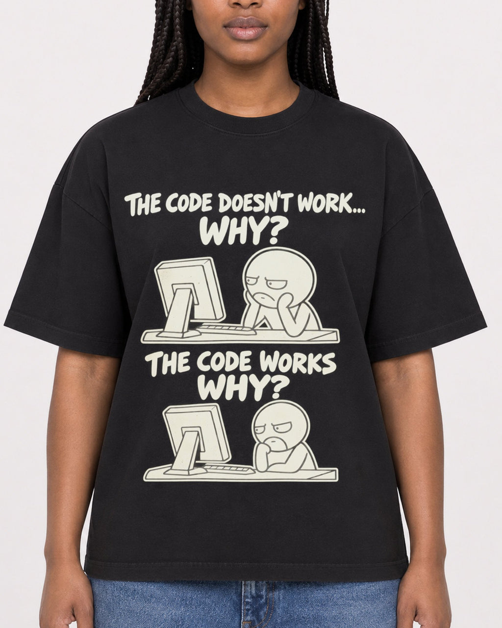 Mockup Boxy Heavyweight Tee Black female close-up 04