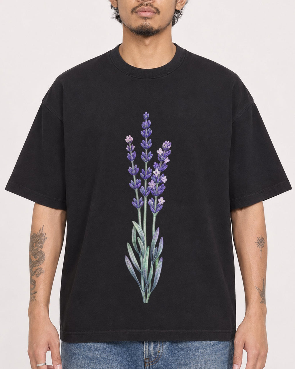 Mockup Boxy Heavyweight Tee Black male close-up 42