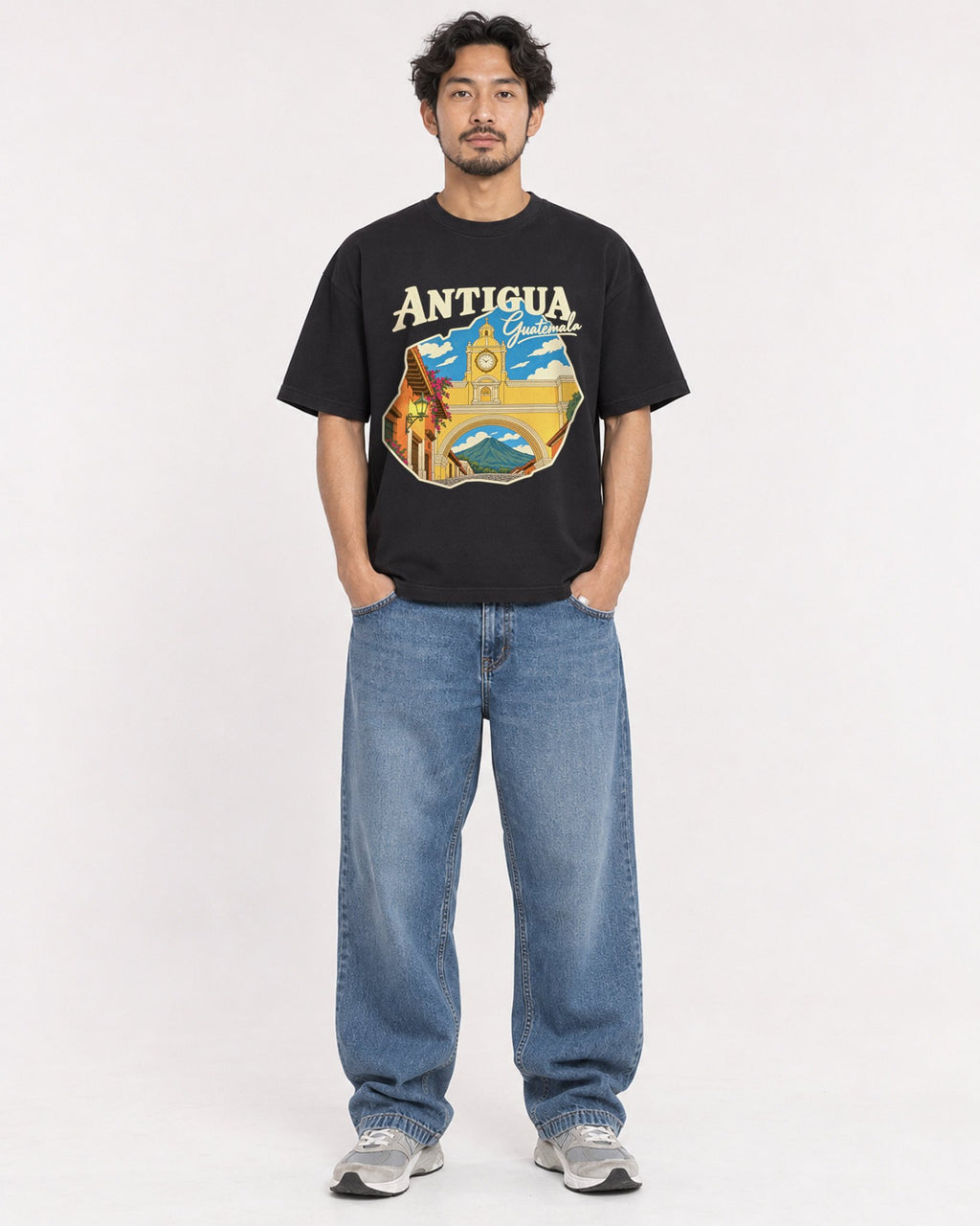 Mockup Boxy Heavyweight Tee Black male full-body 02