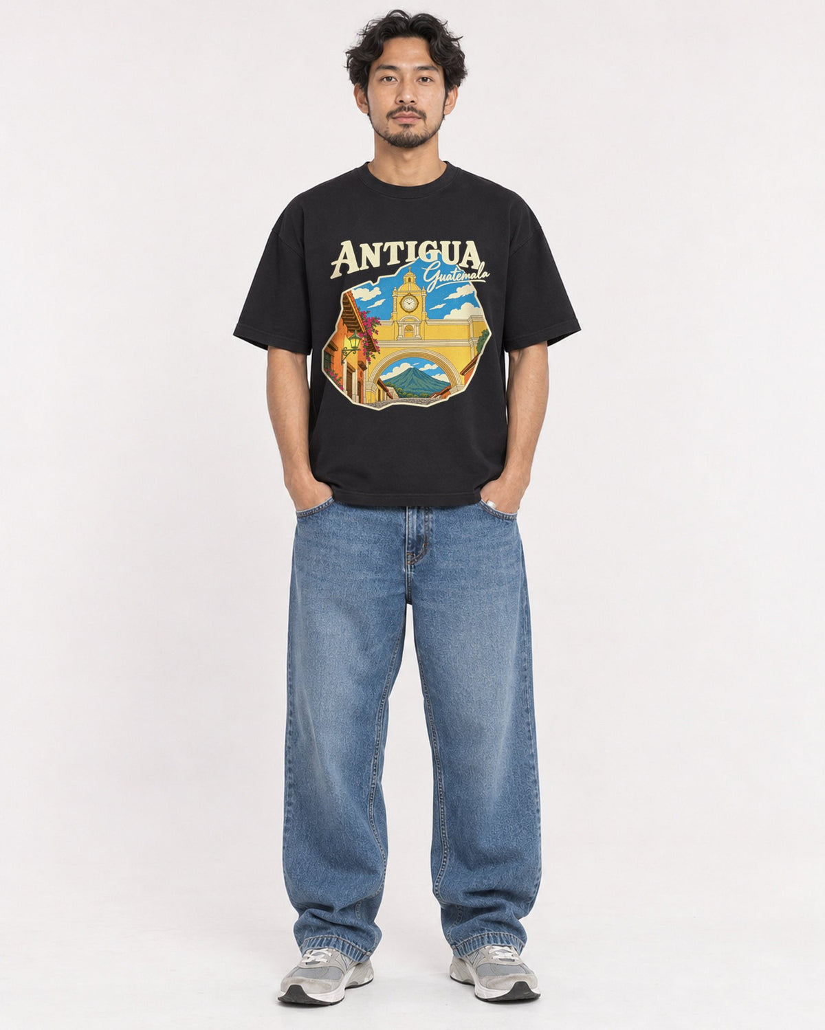 Mockup Boxy Heavyweight Tee Black male full-body 02