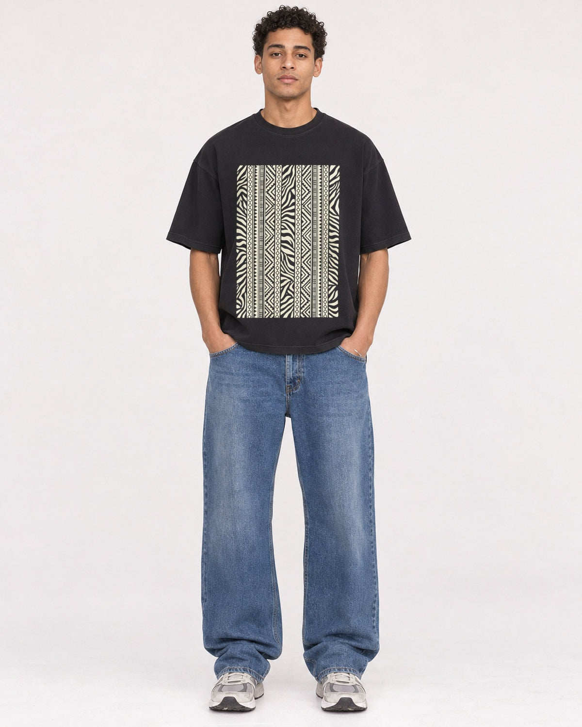 Mockup Boxy Heavyweight Tee Black male full-body 10