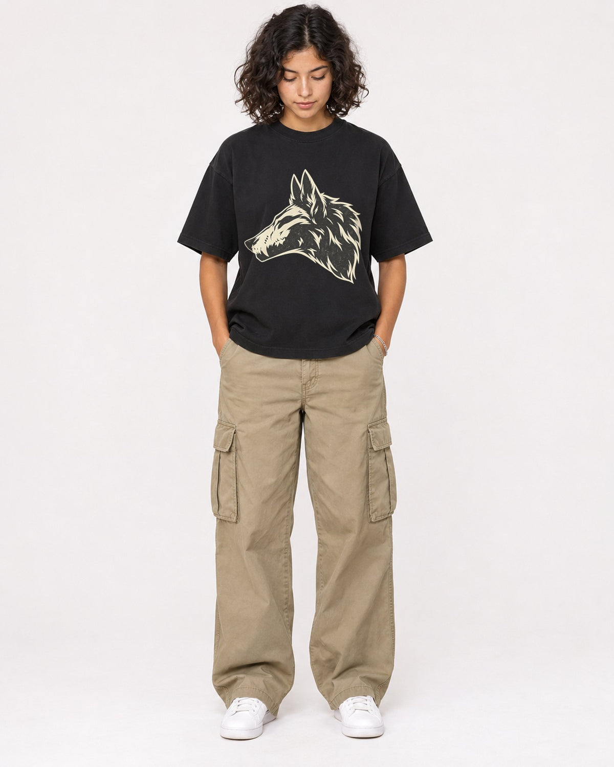 Mockup Boxy Heavyweight Tee Black female full-body 26
