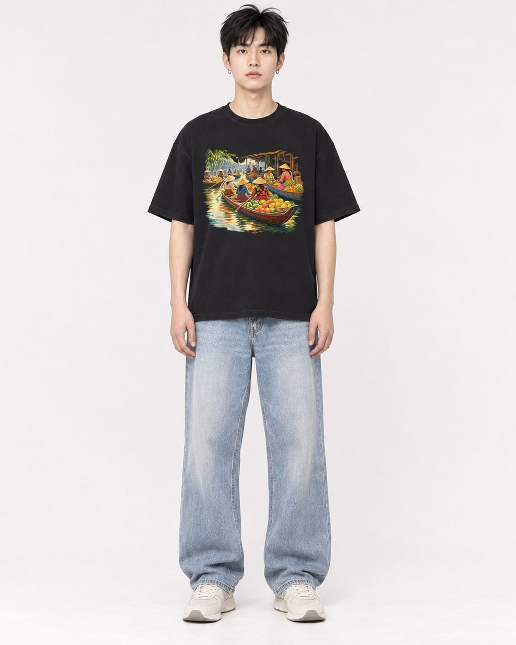 Mockup Boxy Heavyweight Tee Black male full-body 01