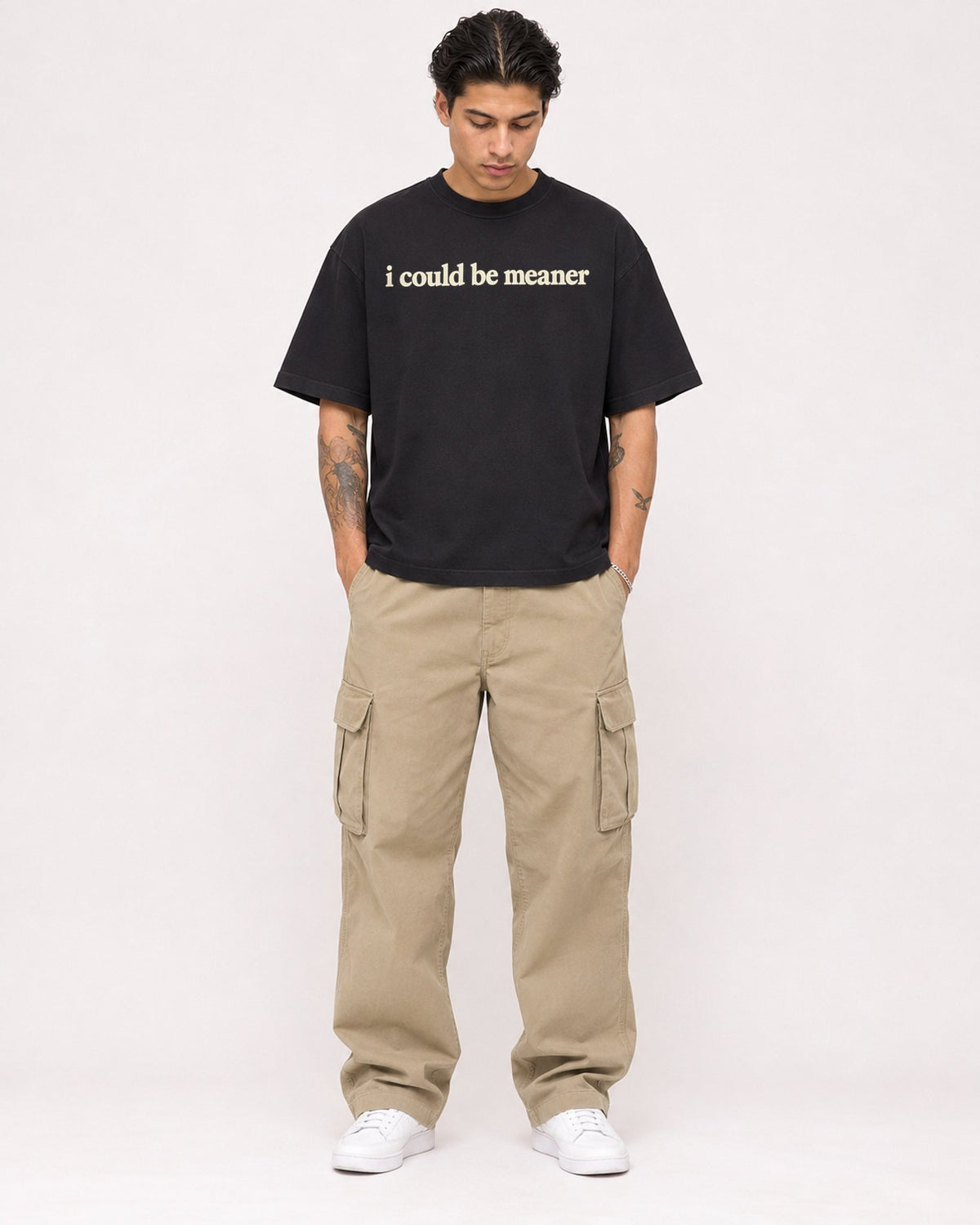 Mockup Boxy Heavyweight Tee Black male full-body 36