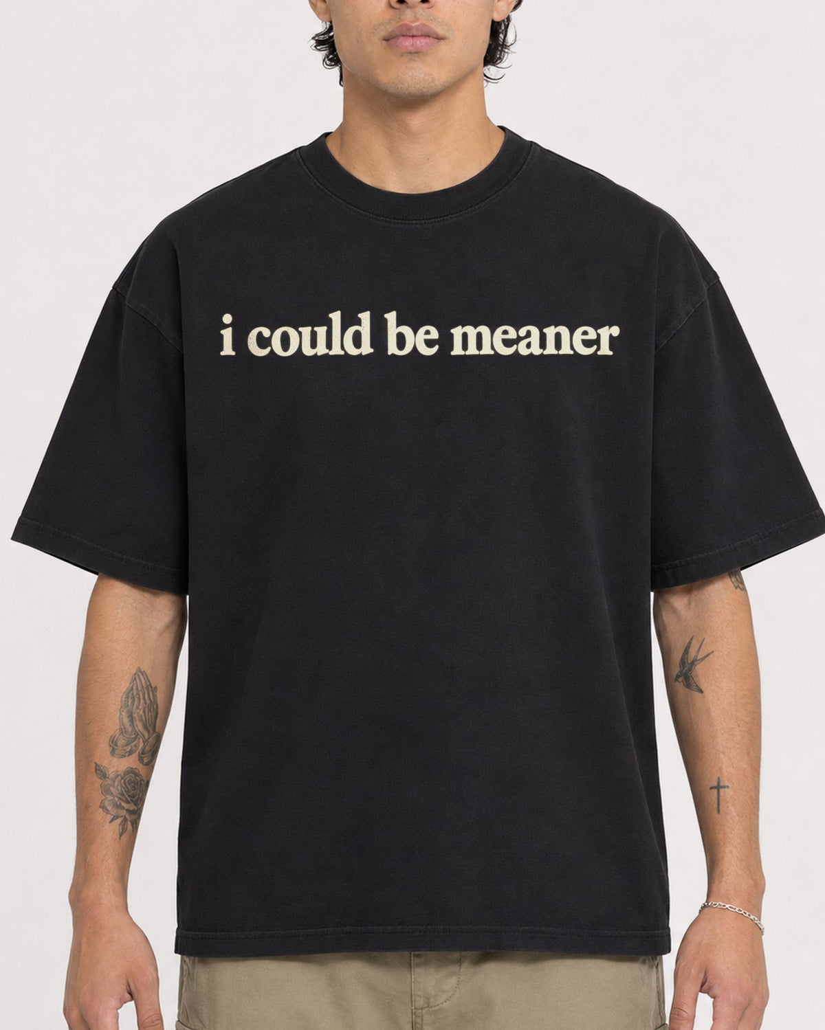 Mockup Boxy Heavyweight Tee Black male close-up 36