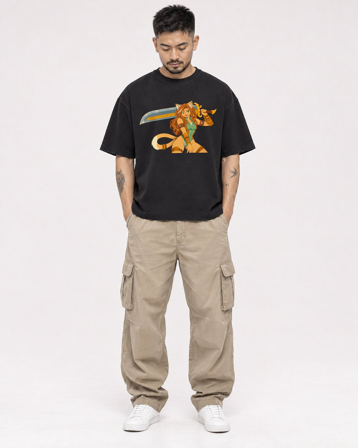 Mockup Boxy Heavyweight Tee Black male full-body 12
