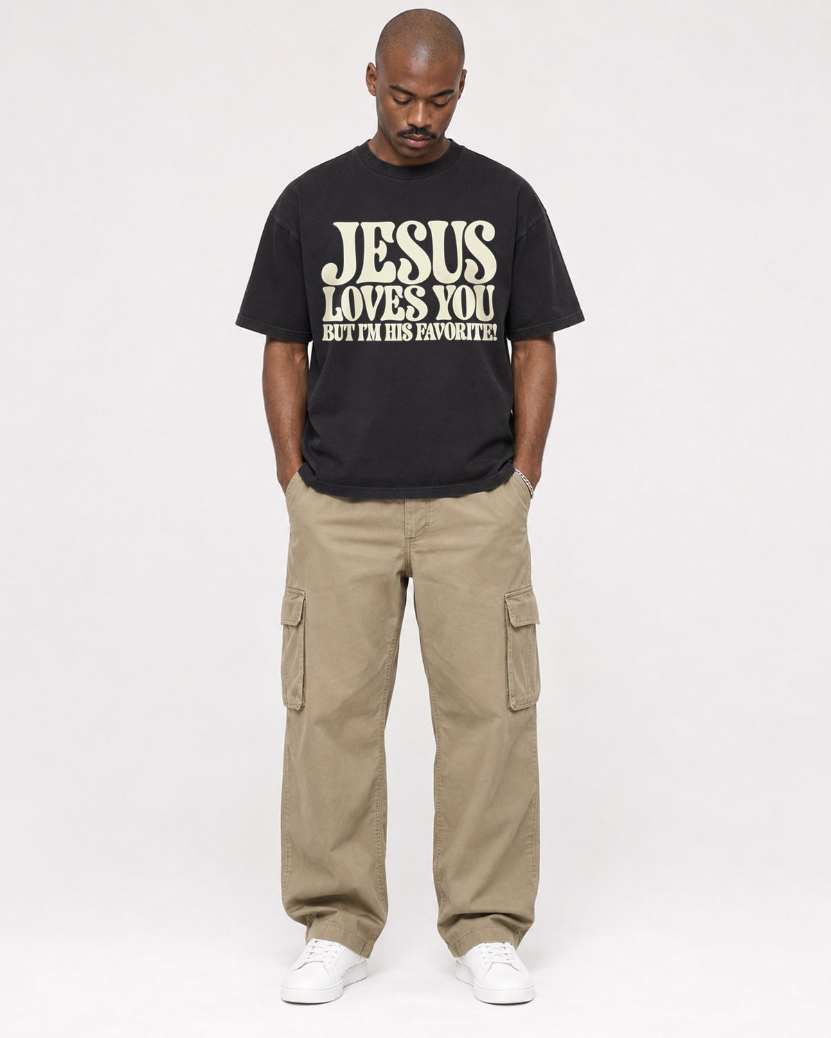 Mockup Boxy Heavyweight Tee Black male full-body 44