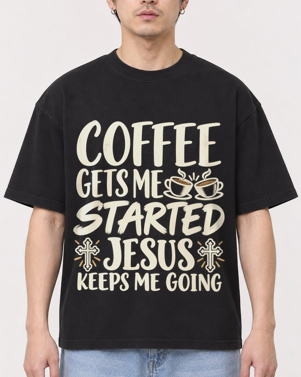 Mockup Boxy Heavyweight Tee Black male close-up 13