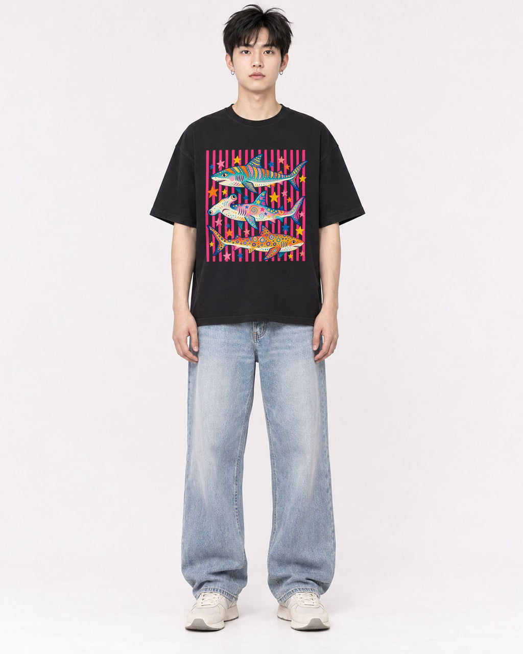 Mockup Boxy Heavyweight Tee Black male full-body 01