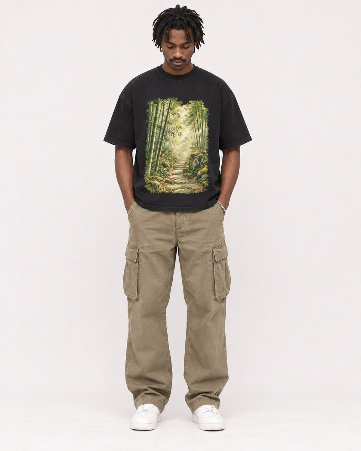 Mockup Boxy Heavyweight Tee Black male full-body 04