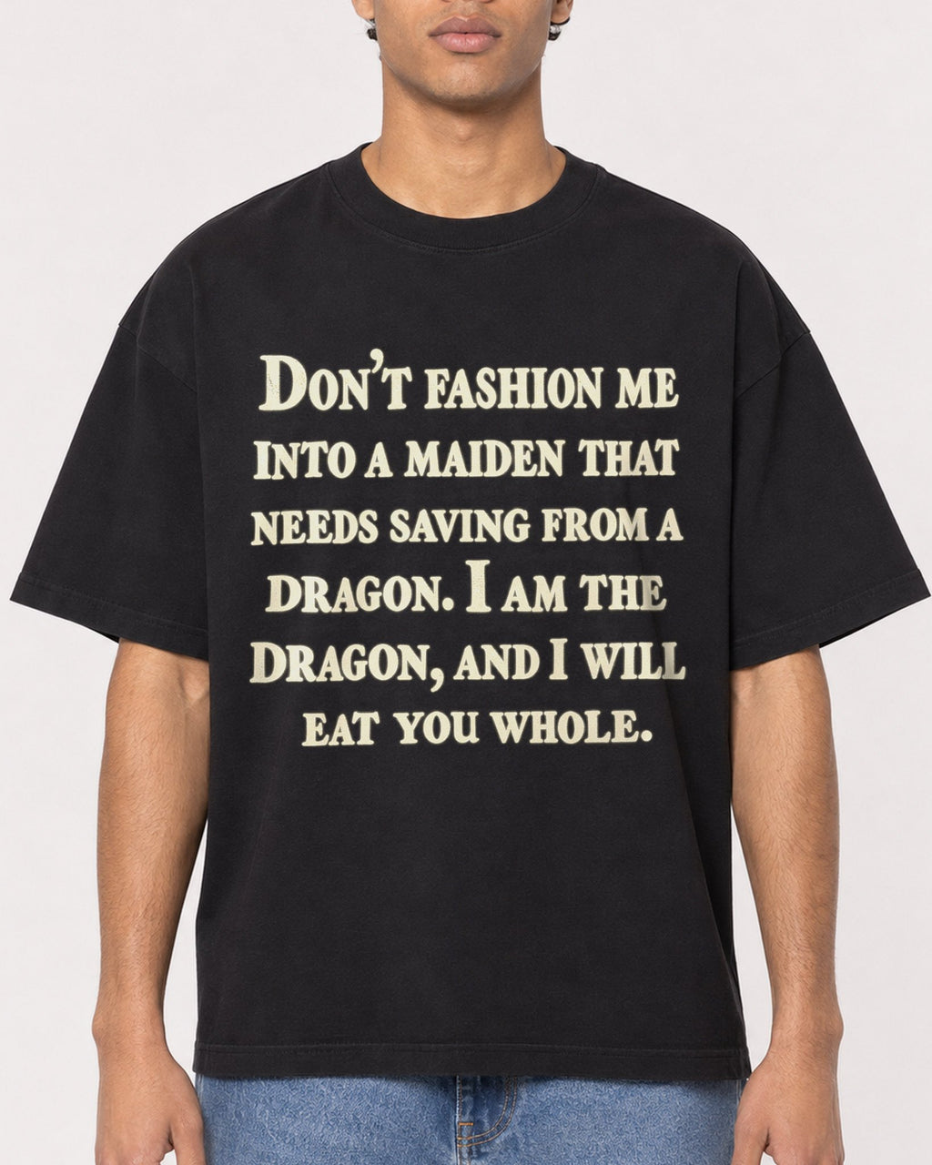 Mockup Boxy Heavyweight Tee Black male close-up 10
