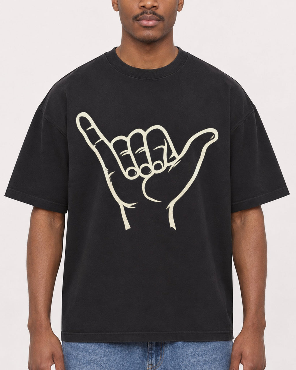 Mockup Boxy Heavyweight Tee Black male close-up 14