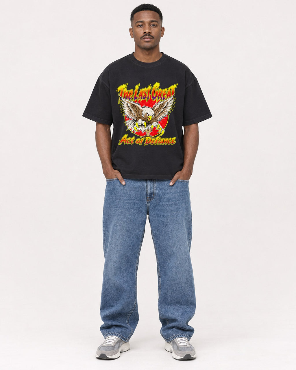 Mockup Boxy Heavyweight Tee Black male full-body 14