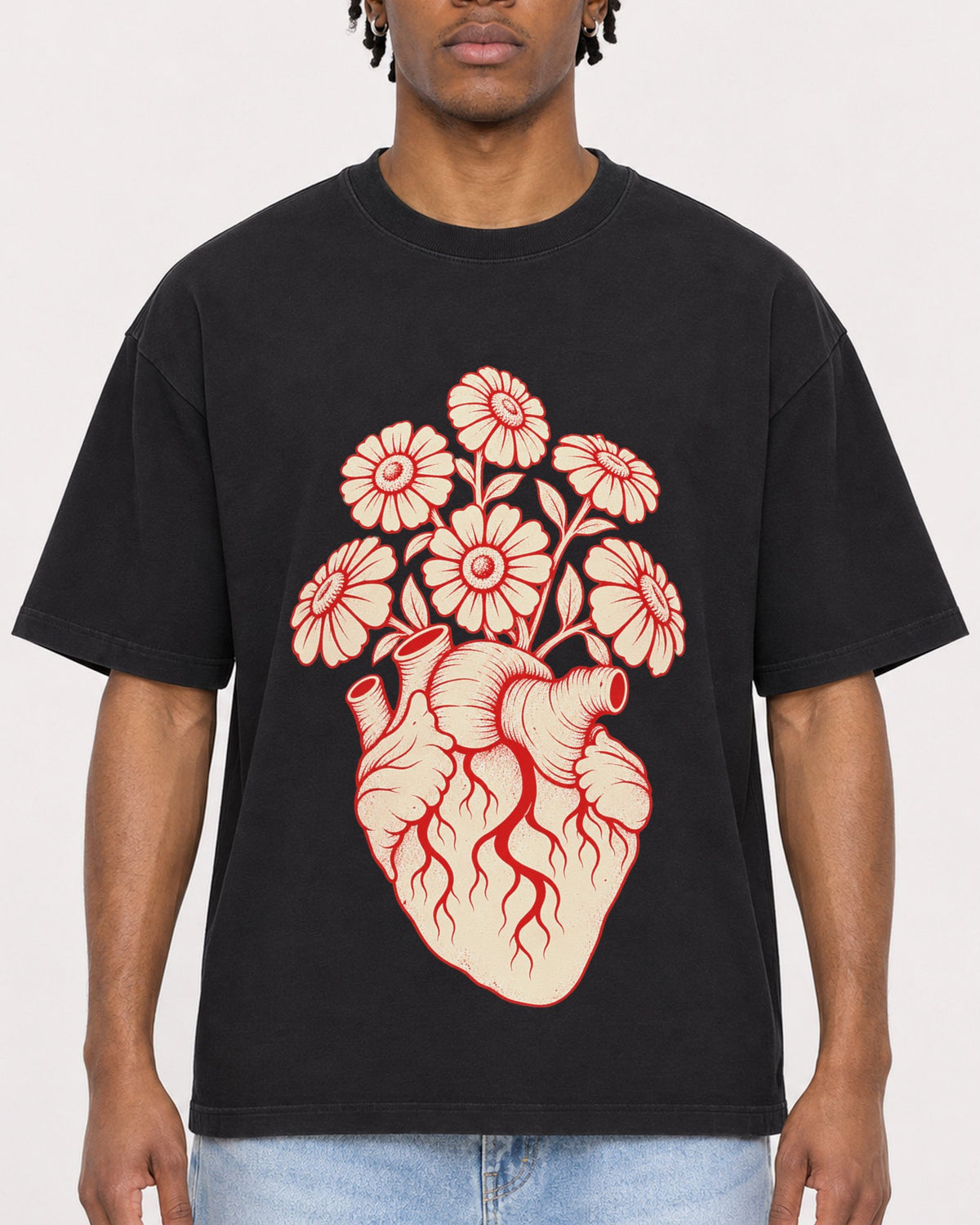 Mockup Boxy Heavyweight Tee Black male close-up 05