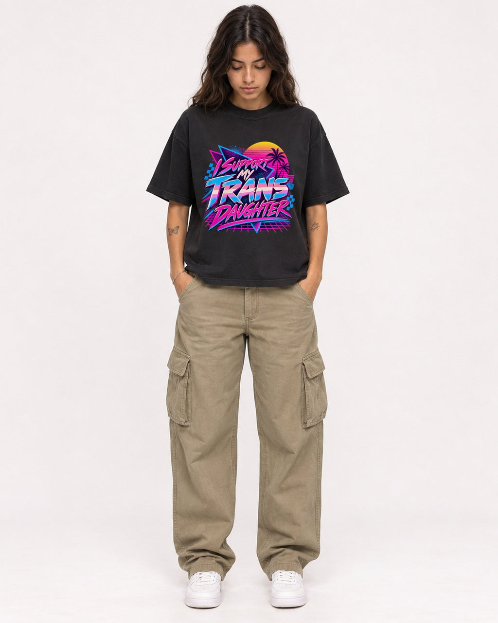 Mockup Boxy Heavyweight Tee Black female full-body 06