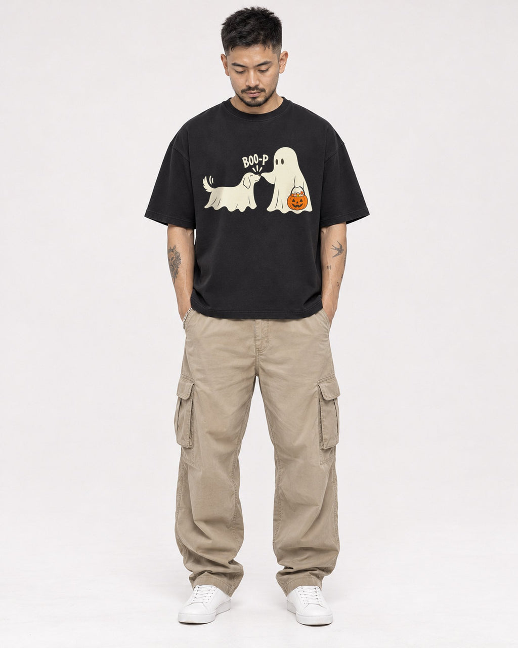 Mockup Boxy Heavyweight Tee Black male full-body 12