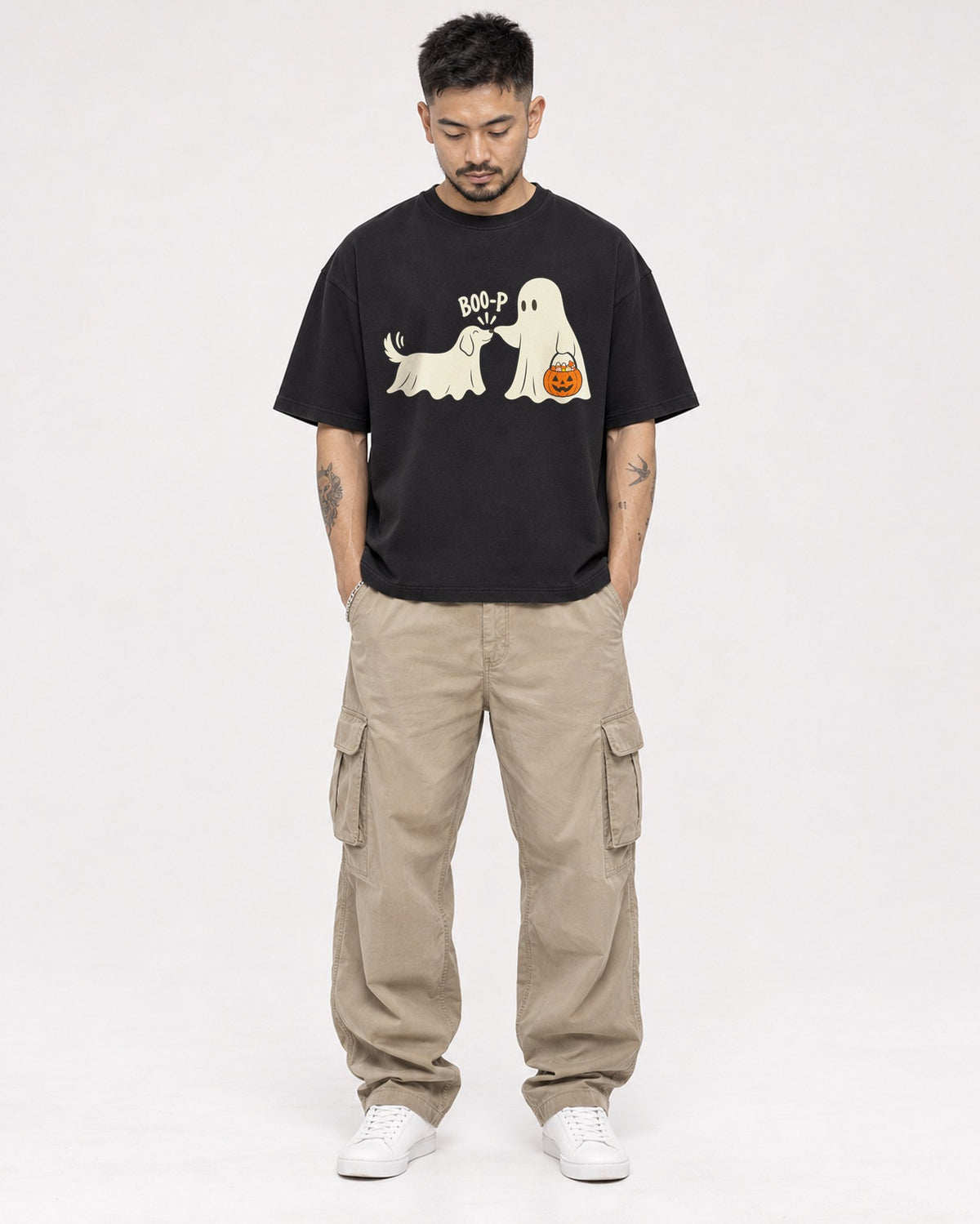 Mockup Boxy Heavyweight Tee Black male full-body 12
