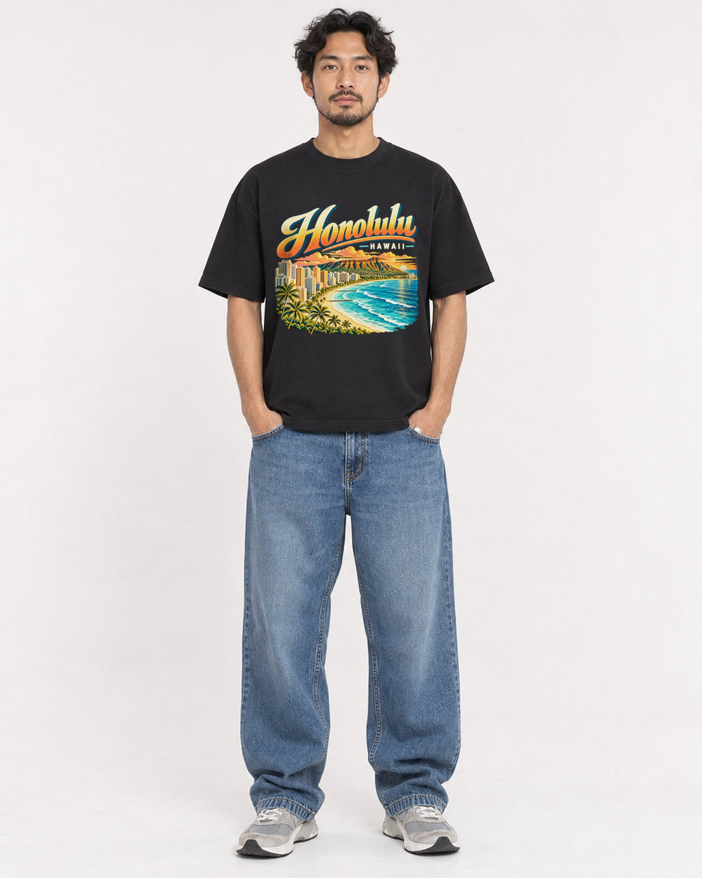 Mockup Boxy Heavyweight Tee Black male full-body 02