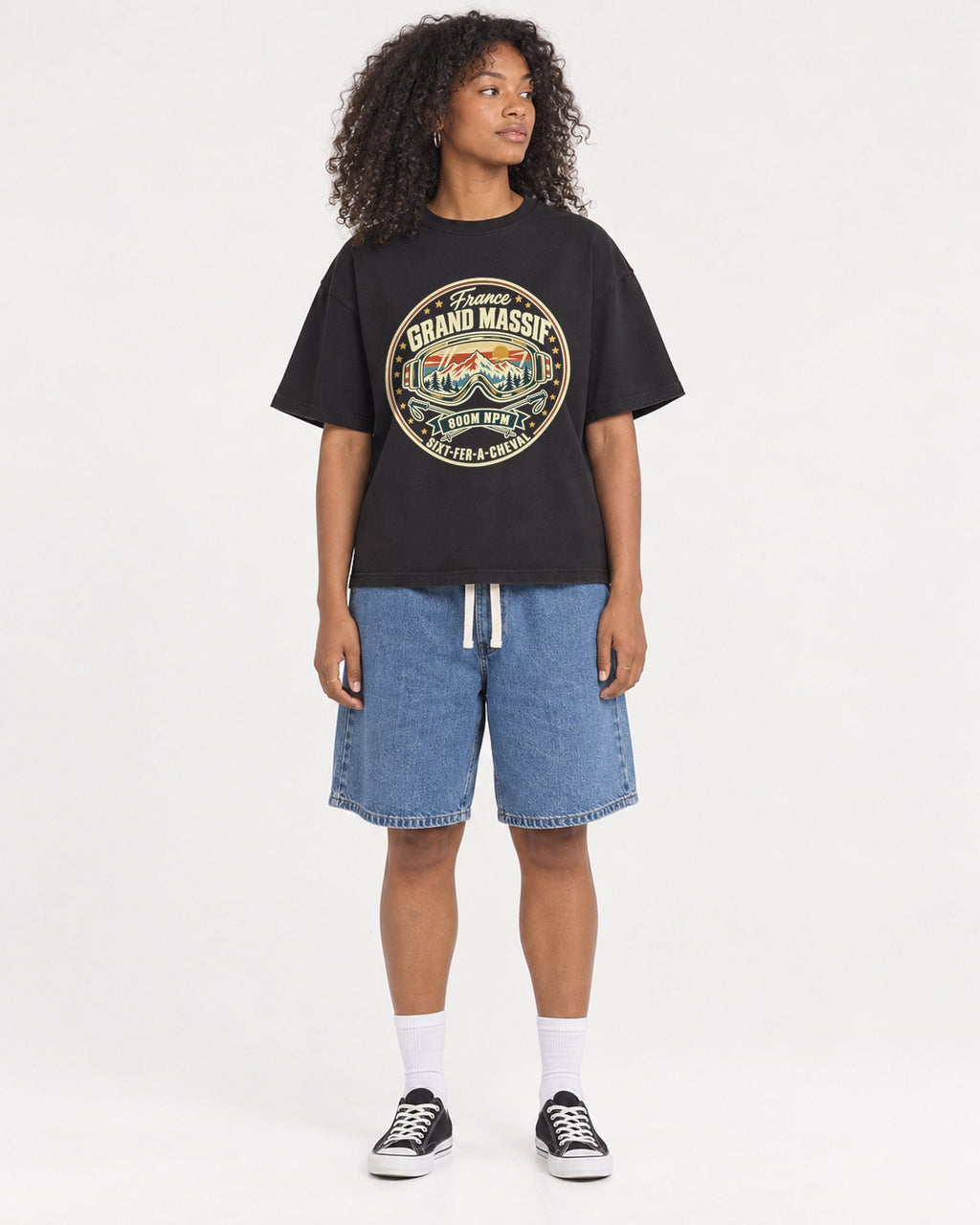 Mockup Boxy Heavyweight Tee Black female full-body 05