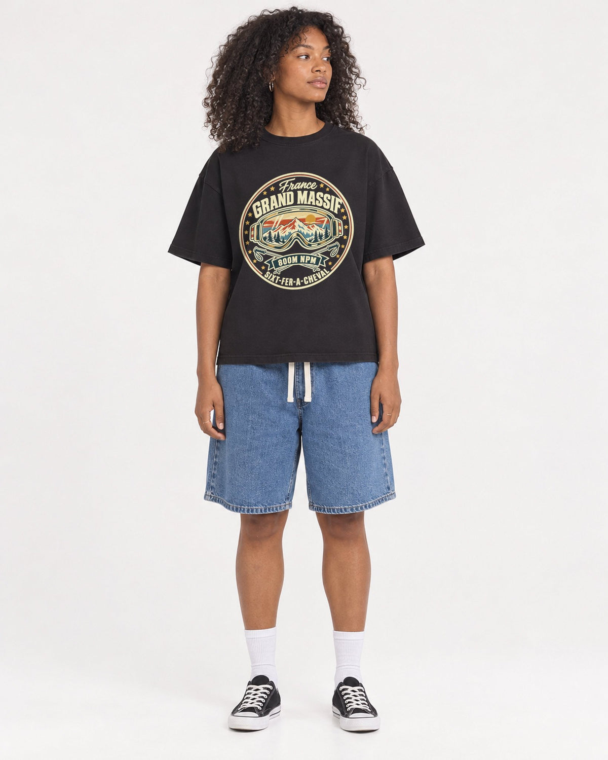Mockup Boxy Heavyweight Tee Black female full-body 05