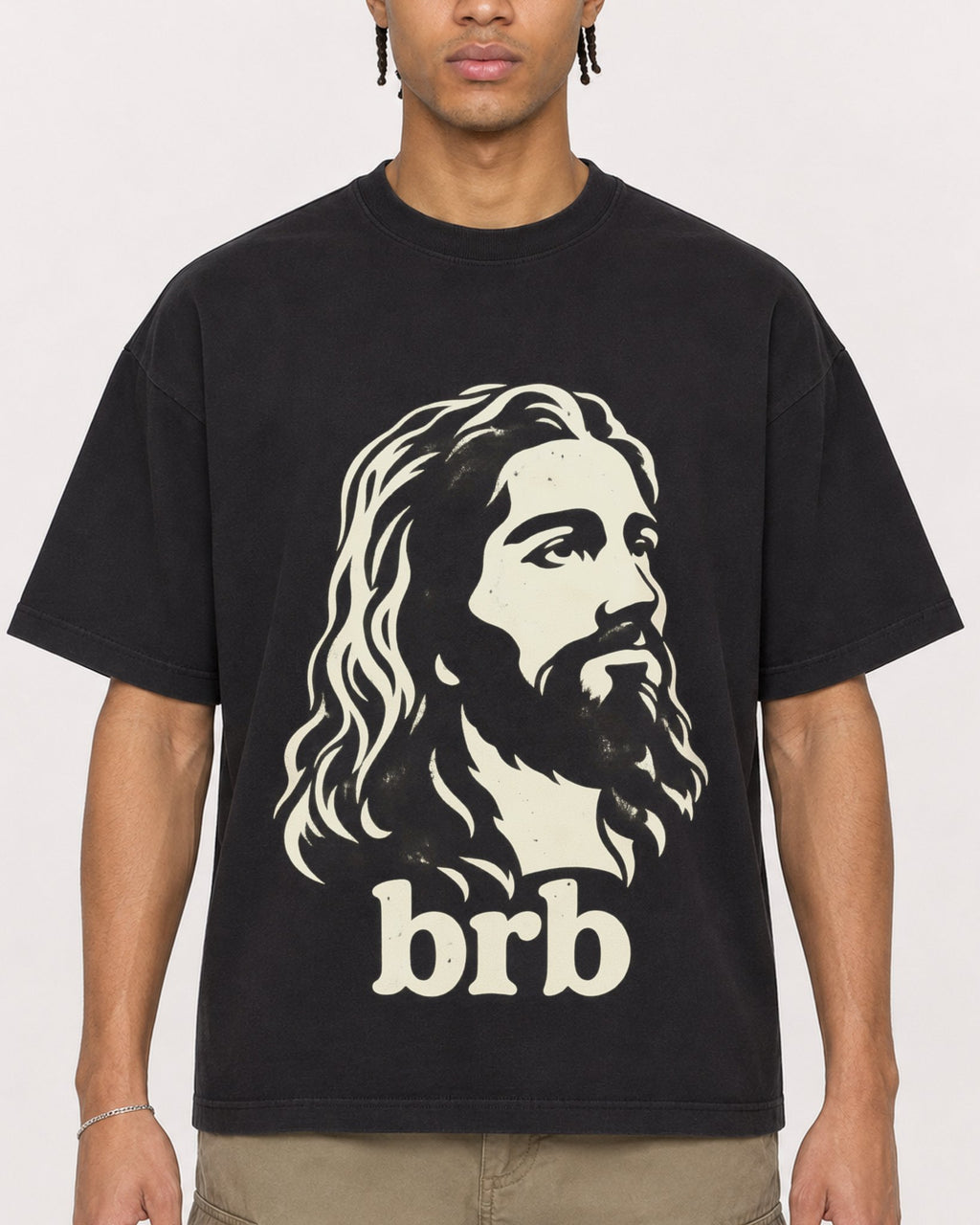 Mockup Boxy Heavyweight Tee Black male close-up 40