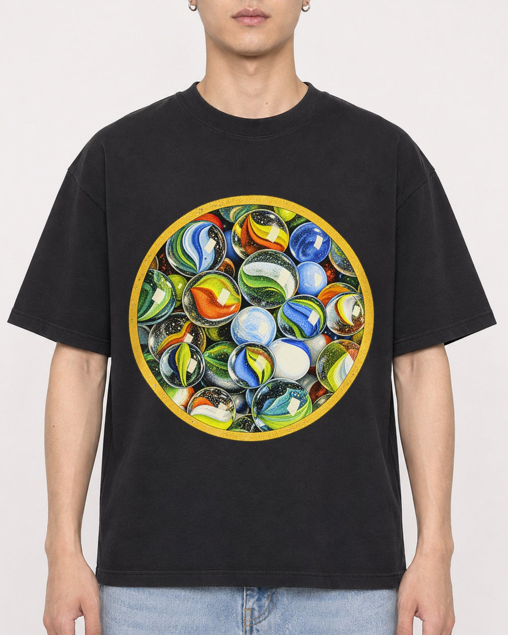 Mockup Boxy Heavyweight Tee Black male close-up 21