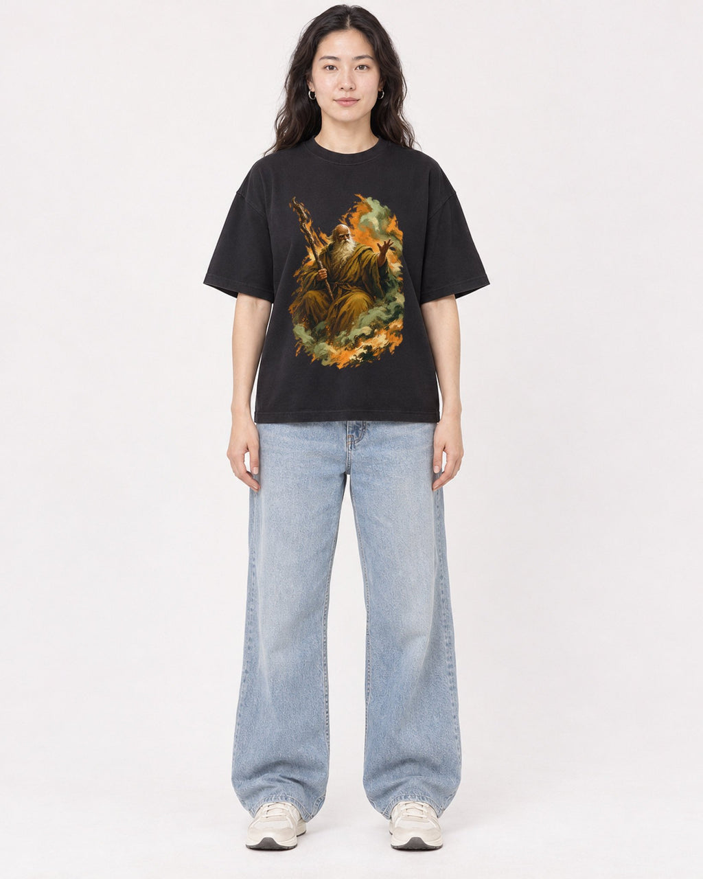 Mockup Boxy Heavyweight Tee Black female full-body 03