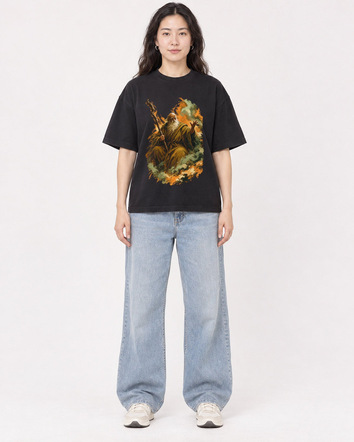 Mockup Boxy Heavyweight Tee Black female full-body 03