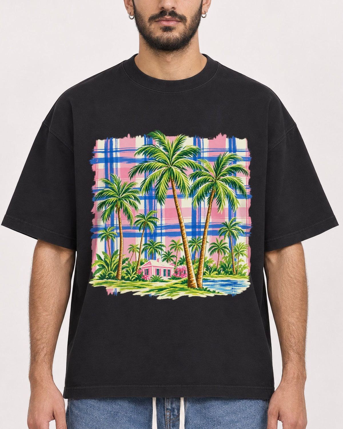 Mockup Boxy Heavyweight Tee Black male close-up 07
