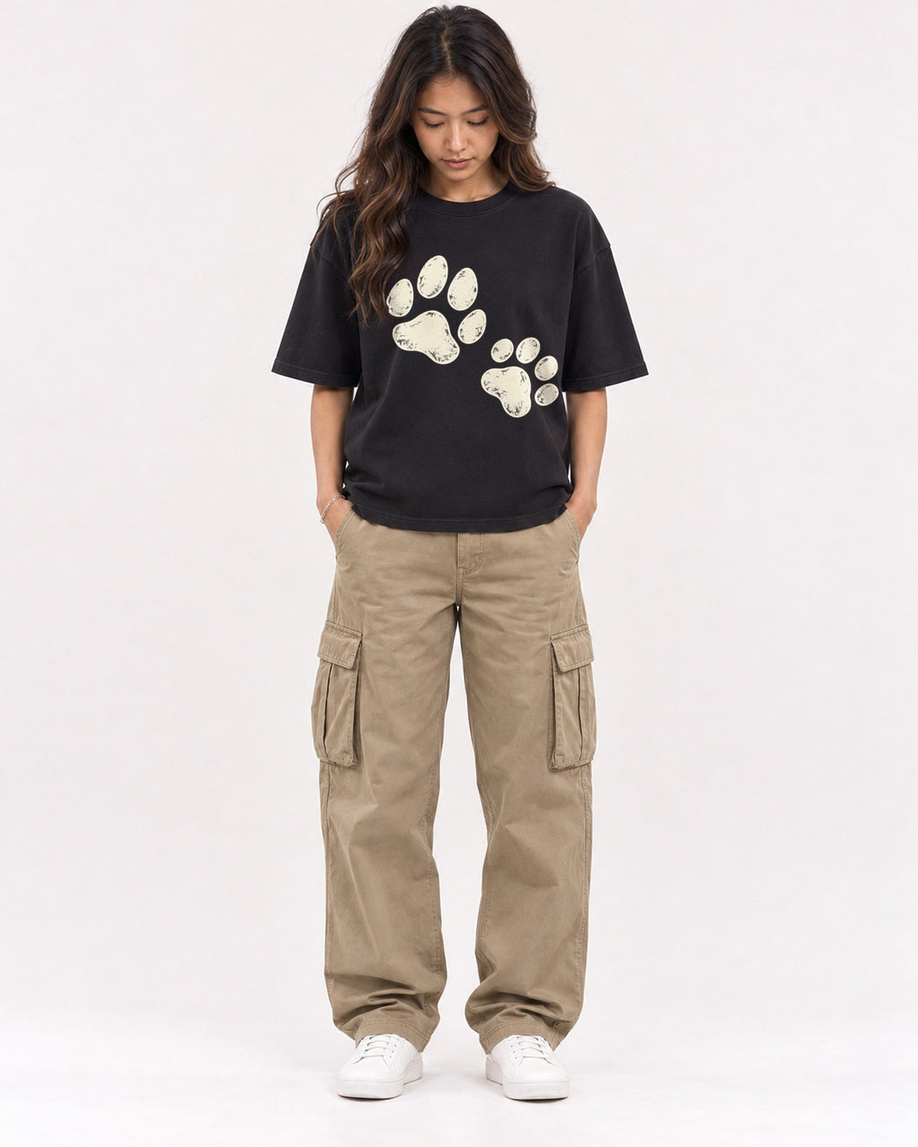 Mockup Boxy Heavyweight Tee Black female full-body 02