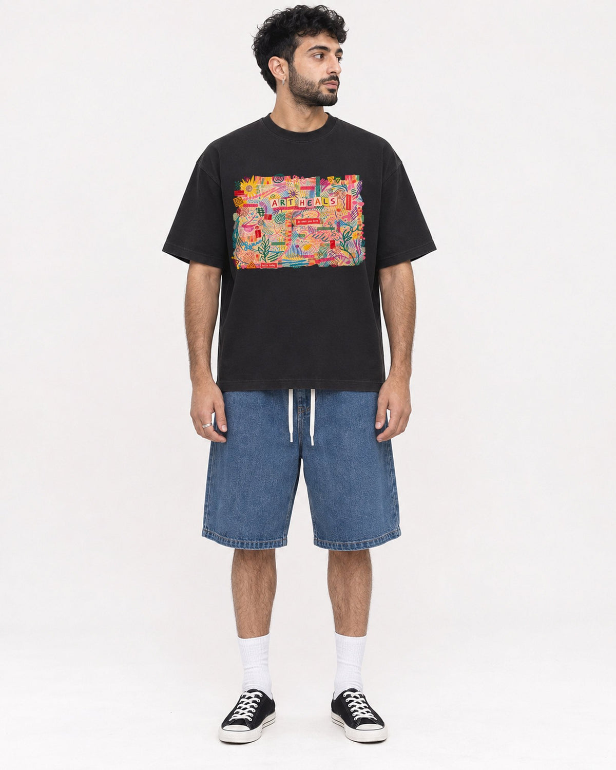 Mockup Boxy Heavyweight Tee Black male full-body 07