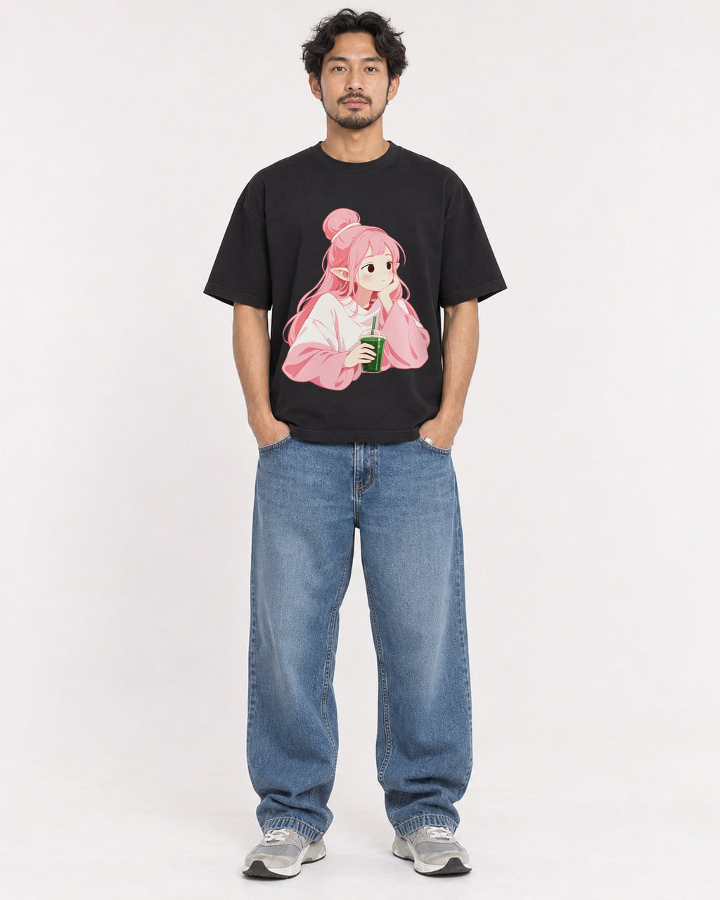 Mockup Boxy Heavyweight Tee Black male full-body 02