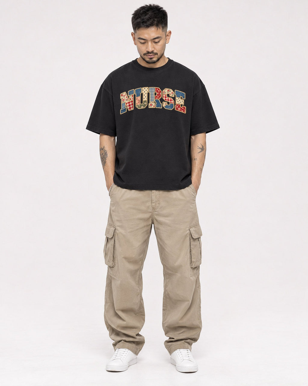 Mockup Boxy Heavyweight Tee Black male full-body 12